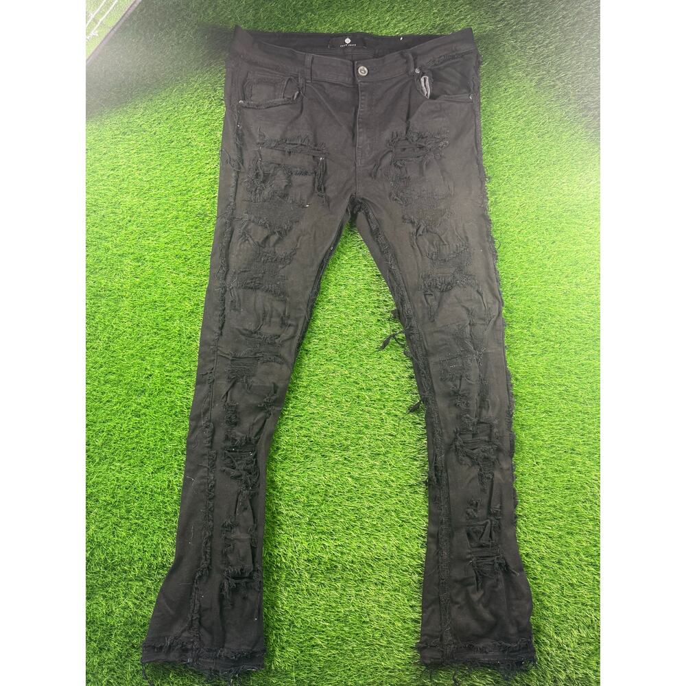 FOCUS Denim Mens 40 Black Distressed Ripped Stacked Jeans Stretch Hip Hop Casual